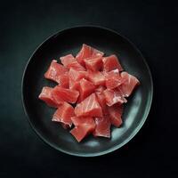 Sashimi preparation featuring fresh tuna cubes on a textured black plate photo