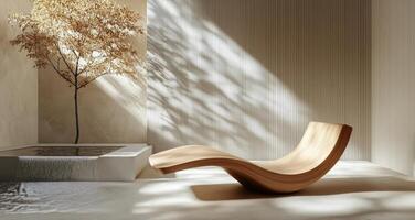 Elegant wooden lounge chair in bright minimalist interior with sunlight streaming in photo