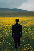 Man walking through vibrant yellow field towards distant hills during sunset photo