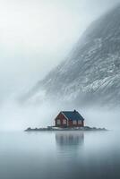 Lonely white house beside a calm lake in a misty mountainous landscape at dawn photo