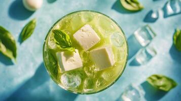Refreshing green beverage with basil and ice on a light blue background photo
