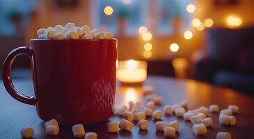 Warm cup of hot chocolate with marshmallows and candlelight ambiance during winter evening photo
