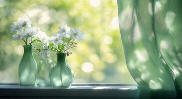 Beautiful spring flowers in vases on a sunlight-filled window ledge photo