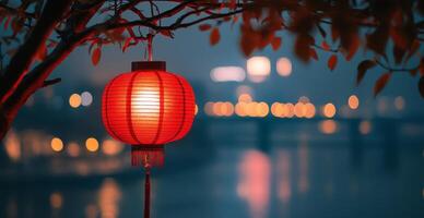 Bright lantern hanging from cherry blossom branches by the riverside during twilight photo