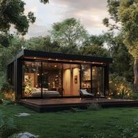 Modern glass house surrounded by greenery in a serene forest setting at dusk photo