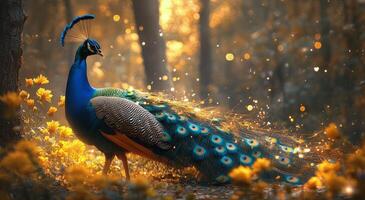 Majestic peacock displaying vibrant feathers in a sunlit forest filled with golden leaves photo