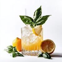 Refreshing cocktail with lemon and basil on a white background for summer enjoyment photo