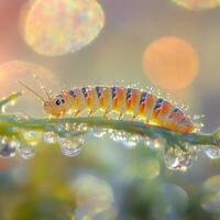 Colorful caterpillar on a wet leaf glistening in the morning light displaying intricate textures and colors photo