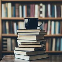 Stack of books with a black mug on top in a library setting filled with shelves of books photo