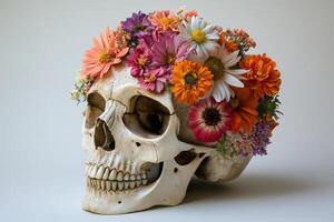 Floral arrangement atop a decorative skull surrounded by soft pastel colors photo