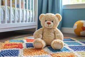Cozy nursery with a teddy bear on the floor and a crib by the window in a modern home photo