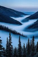 Misty valley landscape at twilight with mountains in the background and dense forest photo