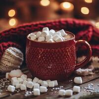 Warm red mug filled with hot chocolate topped with marshmallows against a cozy backdrop photo