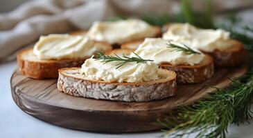 Delicious creamy spread on toasted bread topped with fresh herbs for a delightful appetizer photo