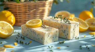 Fresh lemon soap with herbs and a basket of lemons on a blue background photo