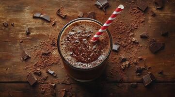 Rich chocolate beverage topped with cocoa and chocolate pieces, enjoyed indoors photo