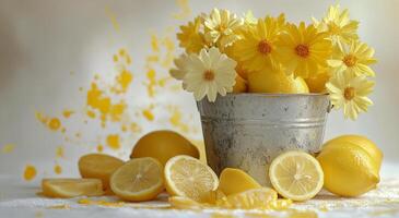 Bright arrangement of lemons and flowers in a vintage bucket with yellow petals photo