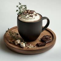 Creamy hot chocolate topped with whipped cream and chocolate shavings served in a black mug photo