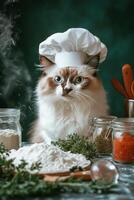Fluffy cat chef preparing a meal with various ingredients and kitchen tools in a cozy setting photo