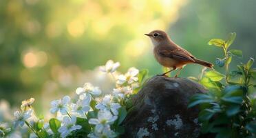 Beautiful bird perched on a rock among blooming flowers at sunset in a serene garden photo