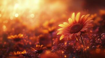 Bright sunflower in a vibrant field at sunset with warm tones and soft bokeh effects photo