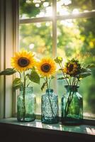 Sunflowers in glass bottles brighten a sunny window sill in a serene indoor setting photo