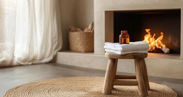Relaxing spa setup with towels and essential oil in a peaceful home environment photo