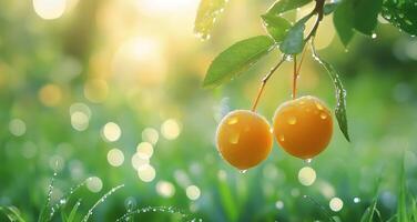 Dewy yellow fruits hanging on branch with sunlight glistening in background at dawn photo