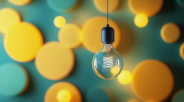 Unique light bulb hangs against a colorful, abstract background filled with bright dots photo