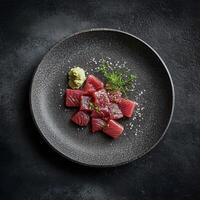 Sashimi preparation featuring fresh tuna cubes on a textured black plate photo
