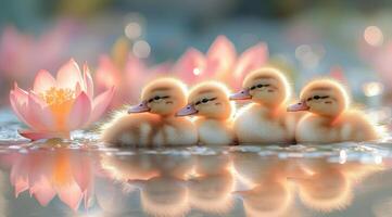 Baby ducks swim among pink lotus flowers in a shimmering pond during golden hour photo