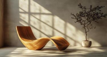 Elegant wooden lounge chair in bright minimalist interior with sunlight streaming in photo