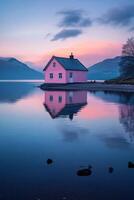 Reflections of a pastel pink house by a tranquil lake with mountains in the background at sunset photo