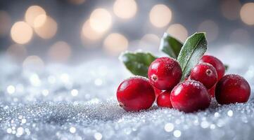 Fresh cranberries arranged on a sparkly surface with soft bokeh background for seasonal decor photo