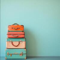 Vintage luggage stacked against a bright turquoise wall for a stylish travel display photo