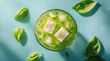 Refreshing green beverage with basil and ice on a light blue background photo