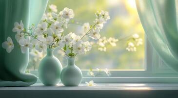 Beautiful spring flowers in vases on a sunlight-filled window ledge photo