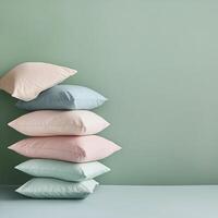Soft pastel pillows stacked against a mint green wall in a minimalist room photo