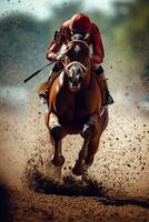 Jockey racing on a horse during sunset on a dirt track, dust swirling around in the air photo
