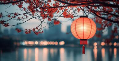Bright lantern hanging from cherry blossom branches by the riverside during twilight photo