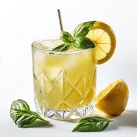 Refreshing cocktail with lemon and basil on a white background for summer enjoyment photo