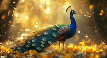 Majestic peacock displaying vibrant feathers in a sunlit forest filled with golden leaves photo