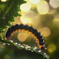 Colorful caterpillar on a wet leaf glistening in the morning light displaying intricate textures and colors photo