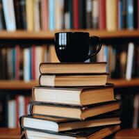 Stack of books with a black mug on top in a library setting filled with shelves of books photo