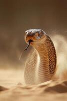 Golden snake emerging from sand with tongue flicking in sunlight during a desert expedition photo