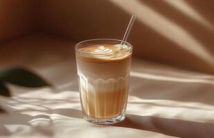 Warm golden beverage resting on a table with soft shadows during afternoon light photo