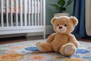 Cozy nursery with a teddy bear on the floor and a crib by the window in a modern home photo