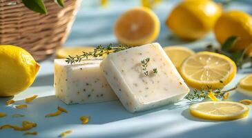 Fresh lemon soap with herbs and a basket of lemons on a blue background photo