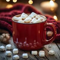 Warm red mug filled with hot chocolate topped with marshmallows against a cozy backdrop photo