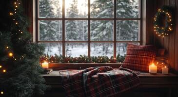 Cozy winter window view with blankets, candles, and festive decorations photo